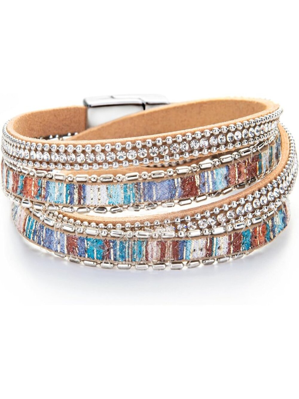 Women Multi Boho Leopard Multi Layer Crystal Beads Cuff Leather Wrap Bracelets